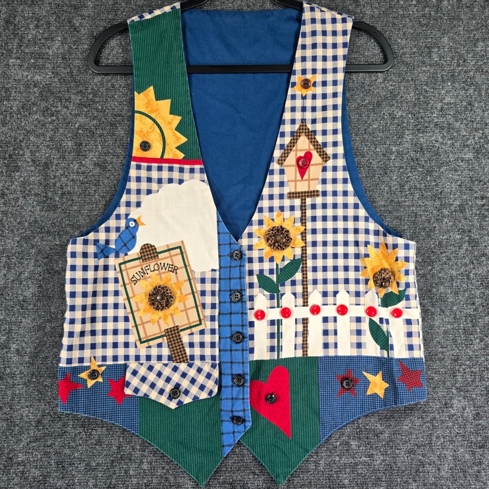 Vintage 90s Sunflower Birdhouse Patchwork Vest M/L Cottagecore Folk Art Grandma